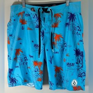 Volcom Mens Board Shorts Size 34 Blue 45th Street Tropical Hula Theme Print NWOT